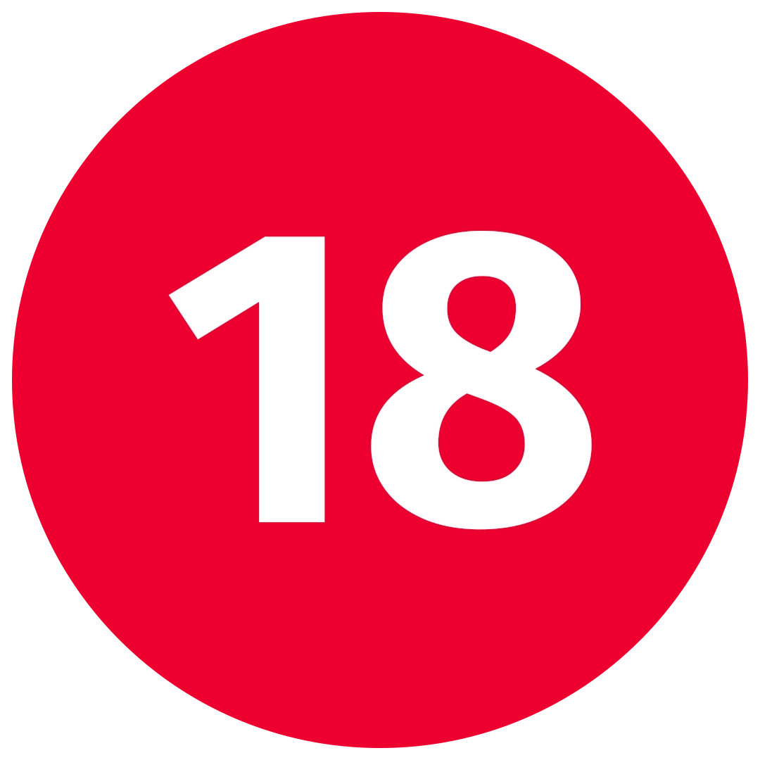 Punainen ympyrä, jonka sisällä luku 18. Kuvastaa sanaa kahdeksantoista.