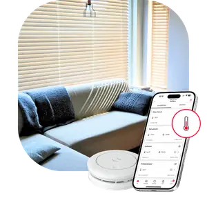 Verisuren optinen palovaroitin ja Verisure-sovellus.