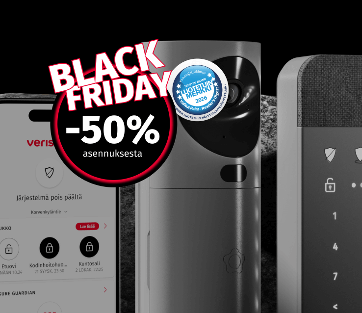 Verisuren turvalaitteet, Black Friday -50 % asennuksesta -tarjous sekä “Luotetuin merkki” -merkintä.