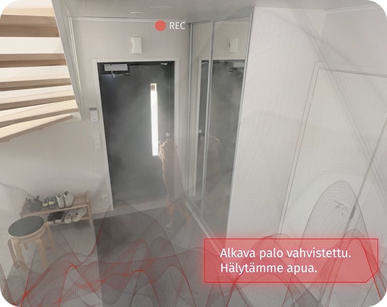 Koira raapii ulko-ovea asunnossa, jossa on savua. Etualalla teksti: "Alkava palo vahvistettu. Hälytämme apua."